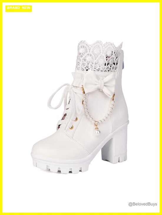 Shoes - Women's Platform Ankle Boots with Lace Trim and Pearl Chain Embellishment